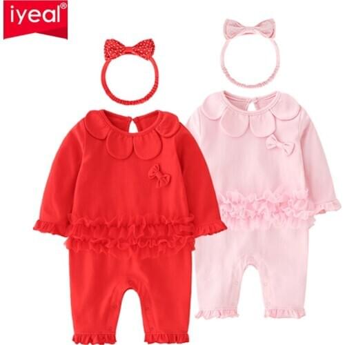 IYEAL Spring Autumn Baby Girl Rompers With Headband Princess Newborn Baby Clothes Infant Girls Jumpsuit Kids Baby Outfits 3-18M