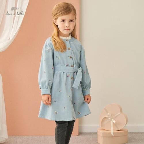 DKY19253 dave bella autumn girls fashion letter solid print draped dress children sweet dress kids infant lolita clothes