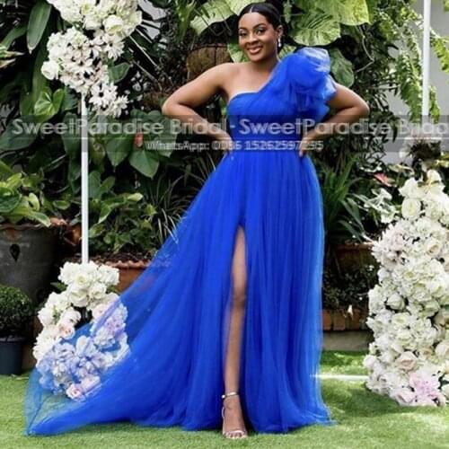 Royal Blue Tulle A Line Bridesmaid Dresses With High Split One Shoulder Sleeveless Long Party Dress Formal Gown