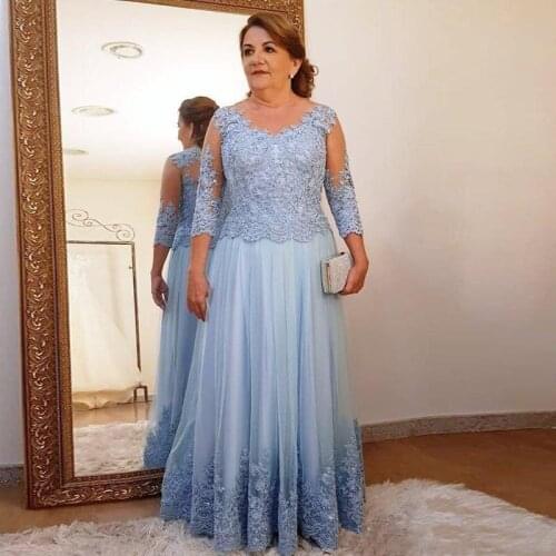 Elegant Mother of The Bride Dresses Lace Appliques Tulle 3/4 Long Sleeve Formal Evening Gown A-line Mother Dress for Wedding