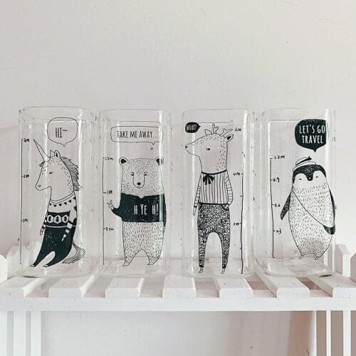 Ins creative transparent breakfast milk drink cup cartoon animal print glass high square cup heat-resistant water cup