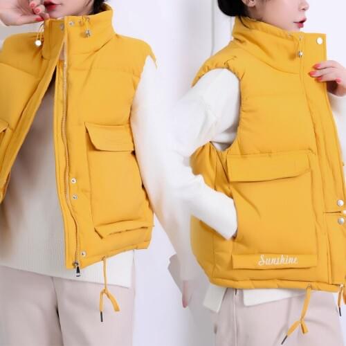Girls Winter Vest Yellow Puffy Sleeveless Jacket Women Zip Up Top Thick Quilted Jacket Female Short Cropped Vest Streetwear Coat