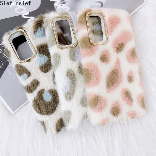 Leopard Print Furry Phone Case For Samsung Galaxy S20 Ultra S10 E S9 S8 Plus Note 8 9 10 Pro 20 Plus Winter Warm fur Soft Cover