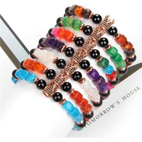 Fashion Luxurious Rose Gold Color Crown Metal Charm Men Women Bracelet Square Agates Stone Bead Bracelet Pulsera Hombre Gifts