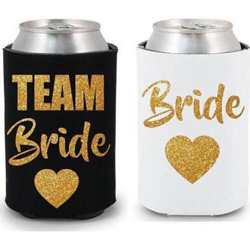 Set of 9 custom Glitter wedding TEAM BRIDE Drink Coolers Bachelorette Survival Kit bridal shower Hen night Bottle Can Holders