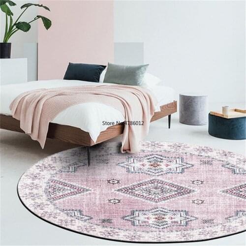 Boho Style Floor Mats for Girls Room Ethnic Printing Round Floor Mats Crystal Short Velvet Washable Bedroom Bedside Mats