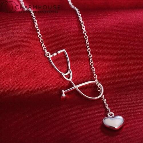 2021 New Fashion Pure Silver Necklaces For Women Stethoscope Heart Pendant Necklace Collier Choker Wedding Jewelry Accessories