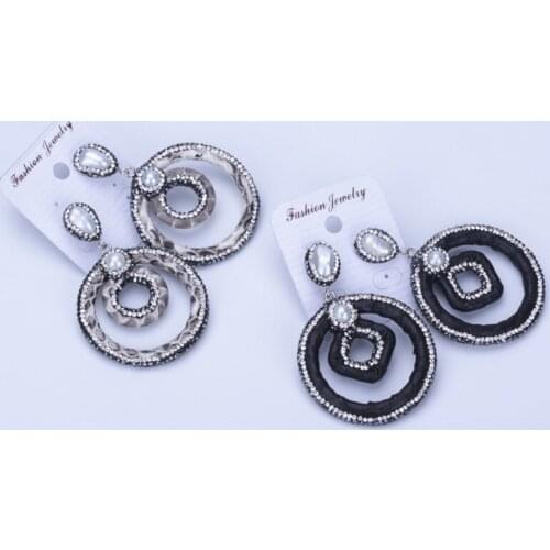 New Double Hollow Round Black Grey Leather Pave Freshwater Pearl Rhinestone Pendant Charms Dangle Statement Earrings For Women