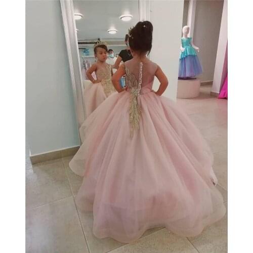 New Customized Pink Baby Girls Dresses Beads Lace Children Party Dress Pageant Gown Kids Birthday Dress