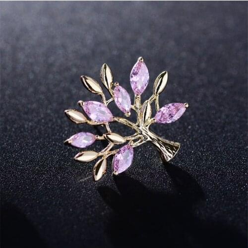 OKILY Fashion Cubic Zircon Tree Lapel Pin for Women Summer Ornament Lovely Three Color CZ Plant Collar Pins Daily Jewelry