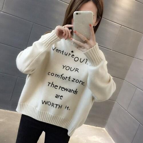 Autumn Winter Thick Half High Collar Knitted Sweater Women Long Sleeve Jumper Ladies Letter Print Knitwear Pullover Tops Female
