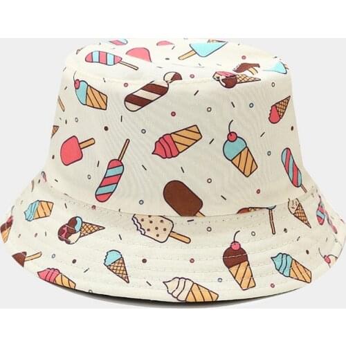 2021 New Ice Cream Embroidered Reversible Bucket Hat Fisherman Hat Outdoor Travel Sun Cap Hats For Women Hip Hop Caps For Men