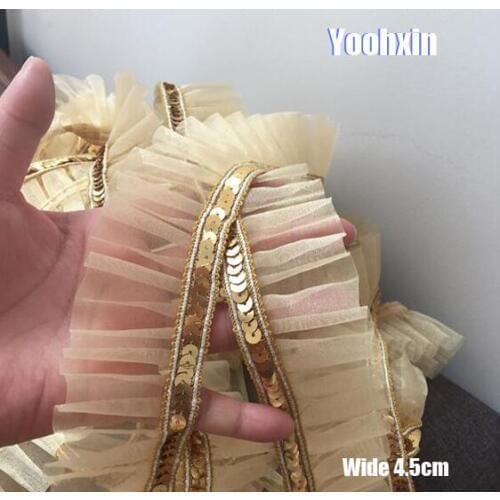 4.5CM Wide Luxury Embroidery gold sequin flower lace fabric trim ribbon DIY sewing applique collar craft dress wedding decor