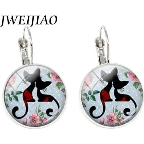 JWEIJIAO Black Cat Silhouette Art Picture Clip Earrings Glass Cabochon Earrings Pendant Fashion Women Jewelry Lovers Gift NS96