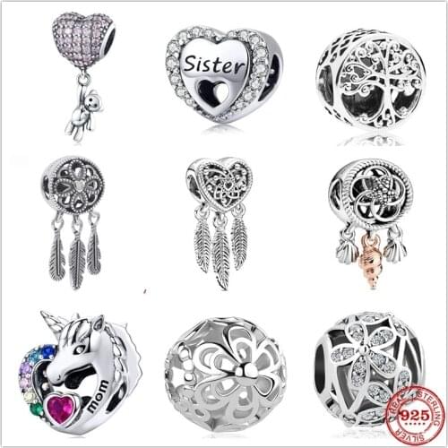 Silver 925 Sister Bear Heart Openwork Heart&Three Feathers Dreamcatcher Charm Bead Fit Original Pandora Bracelet DIY Jewelry