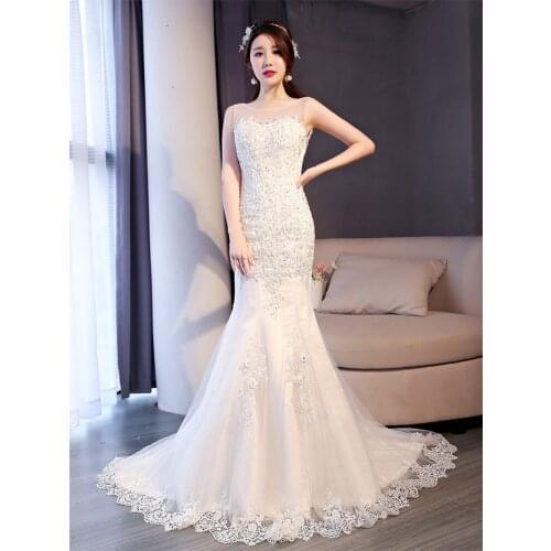 Wedding Dresses O-Neck Sleeveless Embroidery Sequined Illusion Trumpet Backless Tulle Lace Floor-Length Women Bride Gown GB030