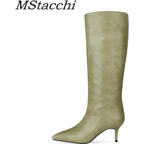 Mstacchi Solid Color Knee Women Boots Pointed Fine Heel Rubber Sole Stripe Fashion Design Classic Madam Shoes Botines Mujer 2020
