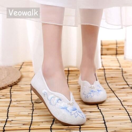 Veowalk Women Comfortable Cotton Fabric Slip On Ballet Flats Chinese Embroidery Ladies Casual Ballerinas Shoes Pink Mint White