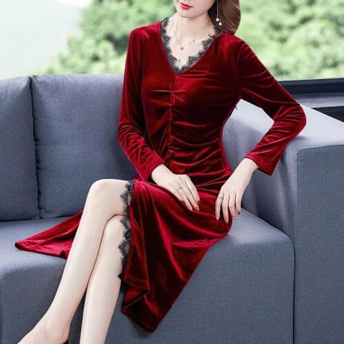 Autumn Burgundy Gold Velvet Lace Sexy Vestidos 2021 Spring Elegant 5XL Plus Size Vintage Midi Dress Bodycon Women Party Dresses