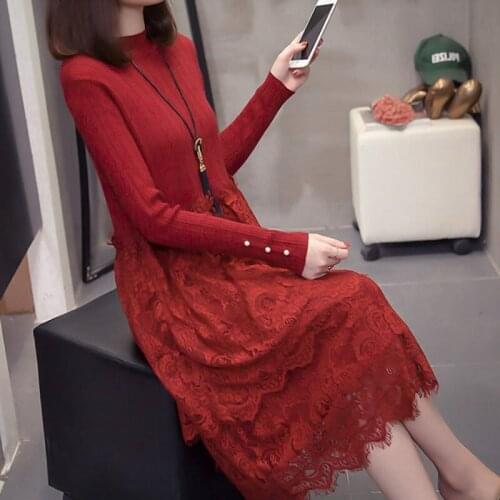 Large Size Womens Sweater Shirt Female Autumn and Winter Dress Loose Lace Stitching Long Sleeve Knit Dress Femme Vestidos f2431