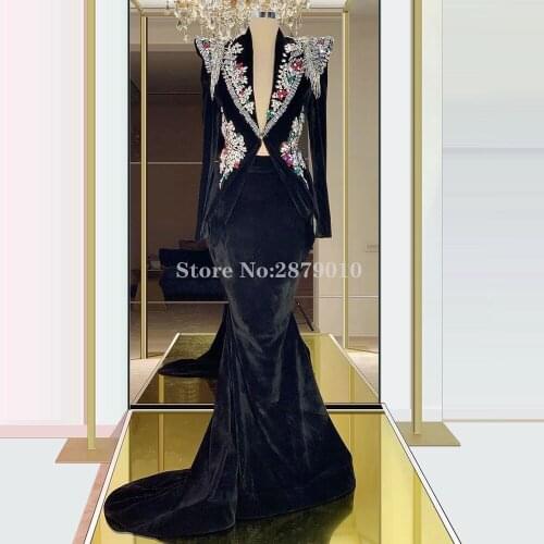 Bling Elegant Black Mermaid Evening Dress Beading Crystals Long Sleeves Floor-Length Prom Dress Middle East Celebrity 2020 Dubai