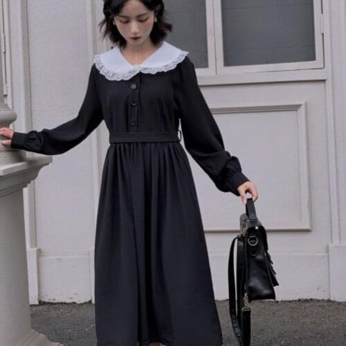 COOLFEL Women Dark Black Preppy Style Long Sleeve Lolita Dress Kawaii Peter Pan Collar Vintage Pleated Long Dress
