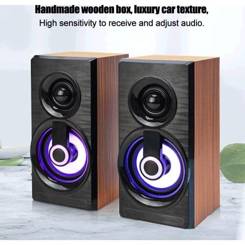 2.0 Multi-Media Handmade Wooden Box Desktop Mini Stereo Sound Effect Speaker With Breathing Lights USB Laptop Speakers