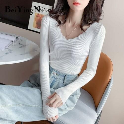 Beiyingni Women V-neck Sweaters Plain Sexy Simple Korean Leisure Knitted Pullovers Female White Gray Tops Stripe Sweater Clothes
