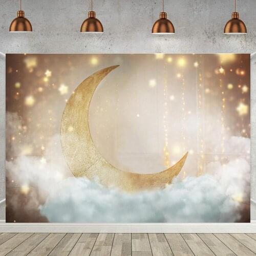 Shiny Gold Moon Star Newborn Baby Shower Backdrop Dreamy Cloud Kids Birthday Portrait Photographic Backgrounds For Photo Studio
