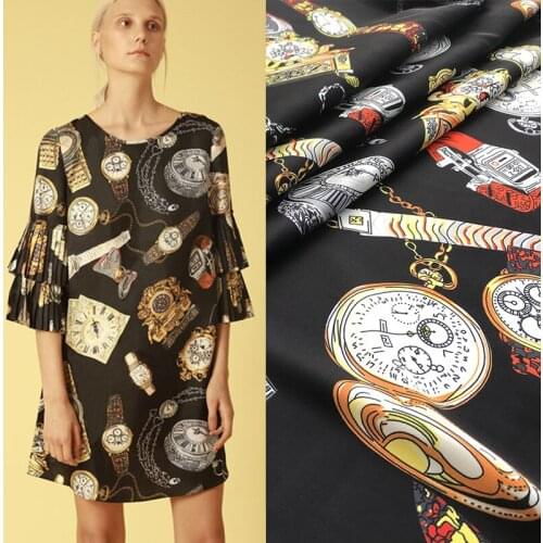 Watch Digital Printing Fabric Meter 145cm Stretch Satin Fabric Fashion Dress 100% Polyester Fabric wholesale polyester cloth