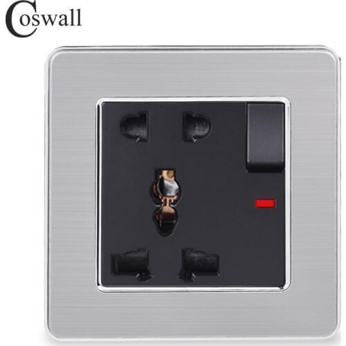 COSWALL Stainless Steel Panel 1 Gang 13A Universal 5 Hole Switched Socket With Neon Grounded With Children Protective Door