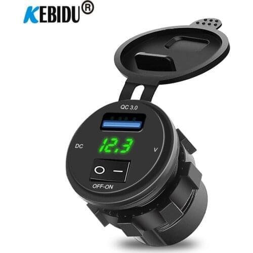 KEBIDU 18W Phone QC 3.0 Car Charger Socket Digital Display Voltmeter DC 12V-24V USB Charge Socket ON-OFF Switch for Motorcycle