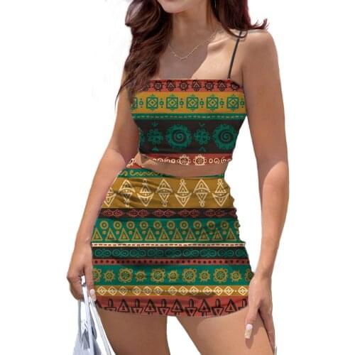 HYCOOL Classic African Tribal Print Sexy Bodycon Two Piece Set Club Outfits Spaghetti Strap Crop Top And Mini Skirts For Dating
