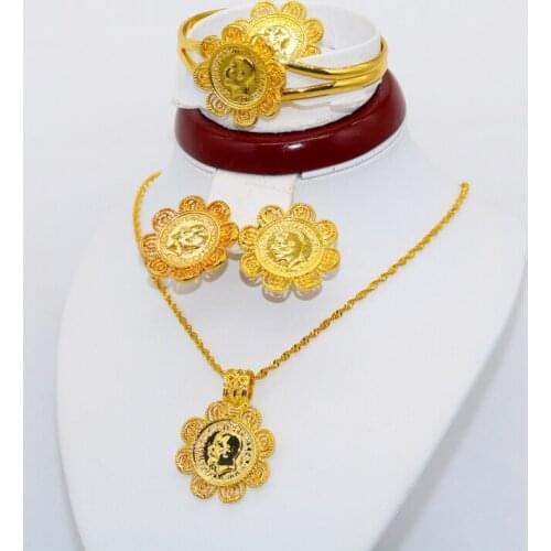 Conjuntos de joias etíopes africanas 24k ouro para mulheres presentes de casamento dubai noiva colar brincos anel conjunto colar