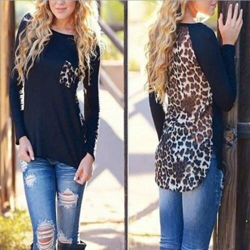 Fashion Sexy Leopard Splicing Women Long Sleeve Chiffon Tops Blouse Shirt