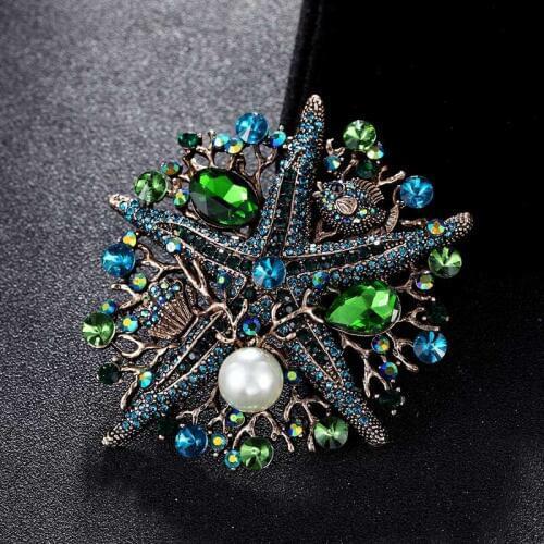 Fashion Rhinestone Crystals Imitation Pearls Starfish Brooches Broach Pins for Women Jewelry Pageant Accessories Birthday Gifts