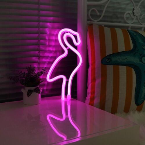 Battery/USB Operated Neon Flamingo Sign LED Night Light Flamingo LOVE HEART Shape Desk Lamp for Indoor Wedding Illumination