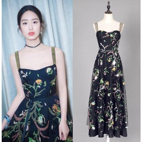 S New same star heavy industry embroidery off shoulder dress long suspender high end dress