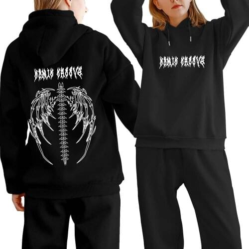 Autumn Streetwear Wing Graphic Hoodie Black Tops White Gothic Oversized Hoodie Women Hip-hop Cool Couple High Street Sweatshirts