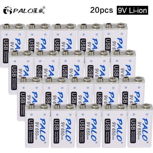 PALO 20PCS battery usb lithium ion 9v rechargeable battery 650mAh usb battery rechargeable usb batteries