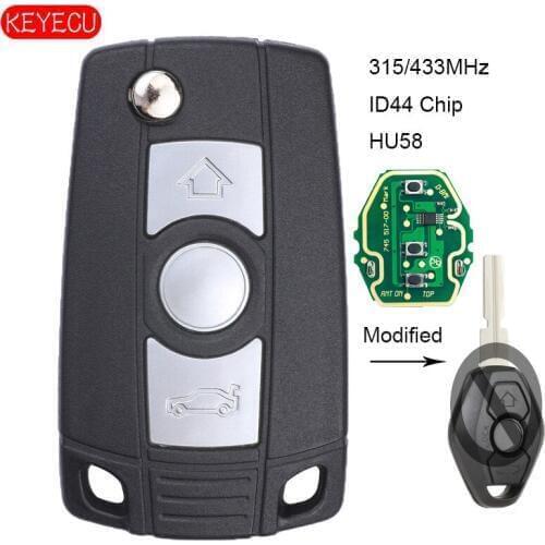 KEYECU EWS Modified Flip Remote Key Fob 3 Button 315MHz/433MHz ID44 Chip for BMW E81 E46 E39 E63 E38 HU58 Blade