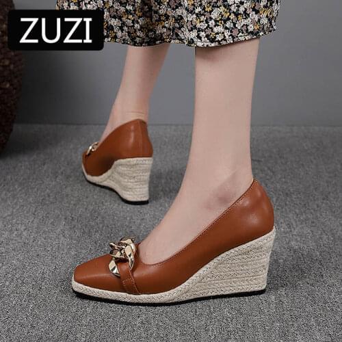 ZUZI 2021 Womens Wedges Sandals Spring Metal Button Straw Single Shoes Women Retro Square Toe Buckle High Heel Pumps Hemp Rope