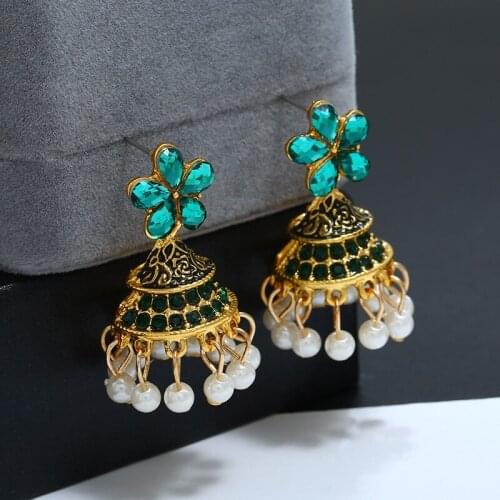 Boho Flower Drop Earrings for Women Rhinestone Pearls Beads Gypsy Hanging Pendientes Indian Bridal Jhumka Earring Party Jewelry