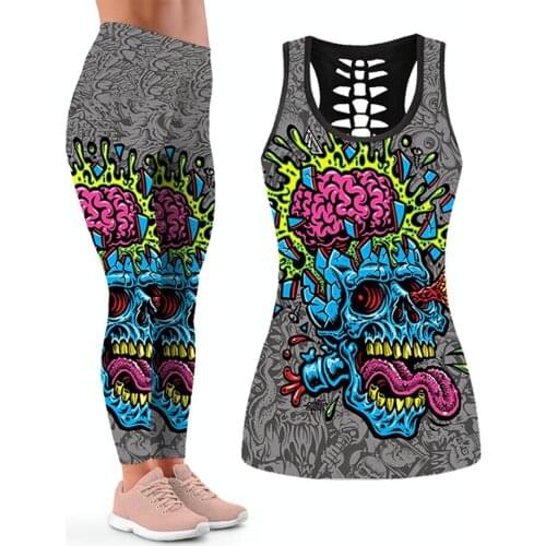 Funny Halloween Yoga Sportswear Two Piece Sets Women Hollow Back Vest And Skull Printed Yoga Pants Matching Set Athleisure