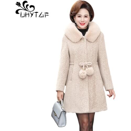 UHYTGF Quality Mink Fleece Winter Woolen Jacket Women Fashion Hooded Casual Warm Outerwear Wild Loose Mother Plus Size Coat 1457