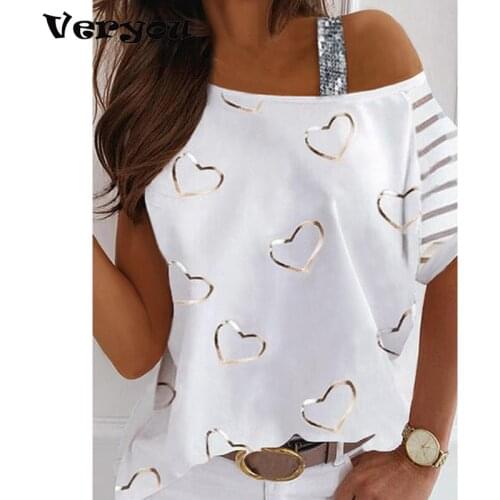 Sexy Shirt Women Off Shoulder Love Heart Print Tee Short Sleeve T Shirts Elegant Ladies Tops Casual Loose Shirt Streetwear 2021