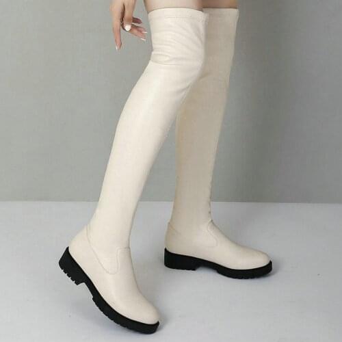 2021 Women Over the Knee Boots Comfortable Square Heel Round Toe Women Thigh Boots PU Leather Slip on Stretch Boots Big Size 43