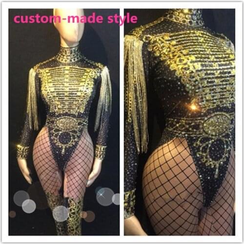 New Jazz Dance Costumes For Lady Gauze Sexy Rhinestone Women Bar Dj Dancers Stage Singer Fringe Sequin leading Dancewear