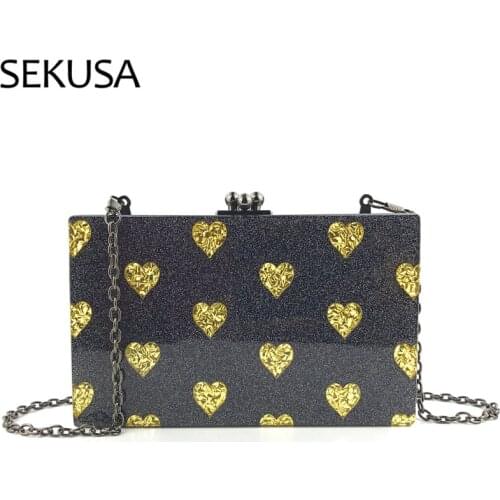 Heart Printed Women Evening Bags Black Color Shoulder Chain Female New Purse Acrylic Fashion Lady Purse