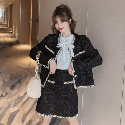 2020 Autumn Winter Runway Tweed Suit Set Womens Single Breasted Short Blouse +Jacket Coat + High Waist Bodycon Mini Skirt Suit